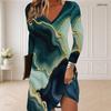 Women Plus Size V Neck Long Sleeve Colorful Swirl Printed Curved Hem Dress