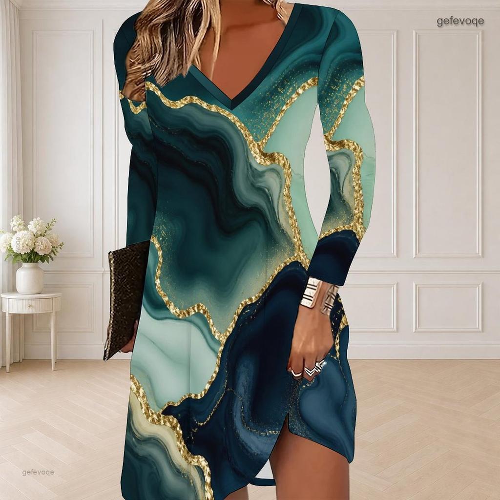 Women Plus Size V Neck Long Sleeve Colorful Swirl Printed Curved Hem Dress