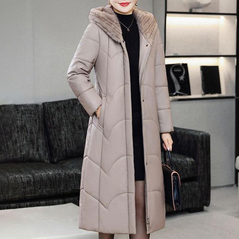 Winter Genuine Leather Jacket  Windproof Long Sheepskin Coat Slim Hooded Alpaca Overcoat