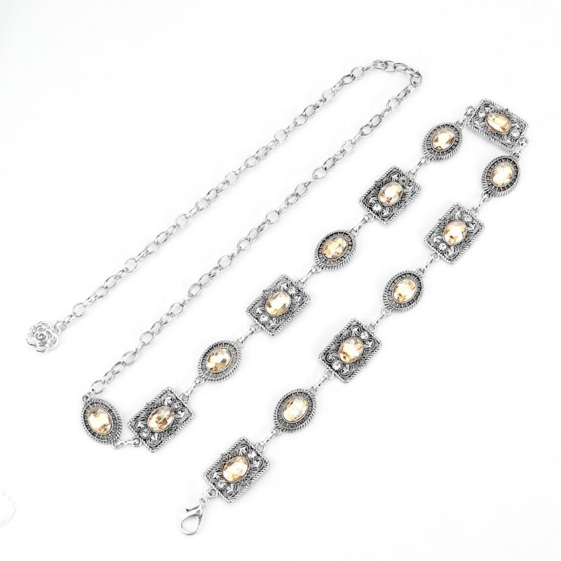 Midjekjede, tilbehørskjole, gull sølv metall oval gravert kjede, rhinestonebelte, kvinners multi-sirkel design