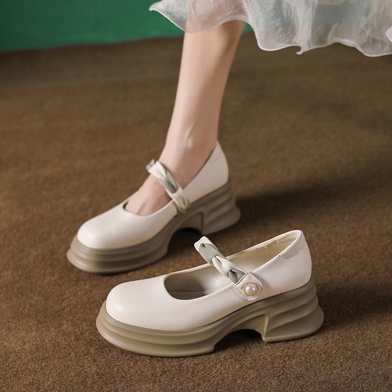 

Маленькие кожаные туфли на толстой подошве, женские туфли на танкетке, студенческие туфли на толстом каблуке с мелким вырезом, Мэри Джейн, женские туфли 40 абрикосовый