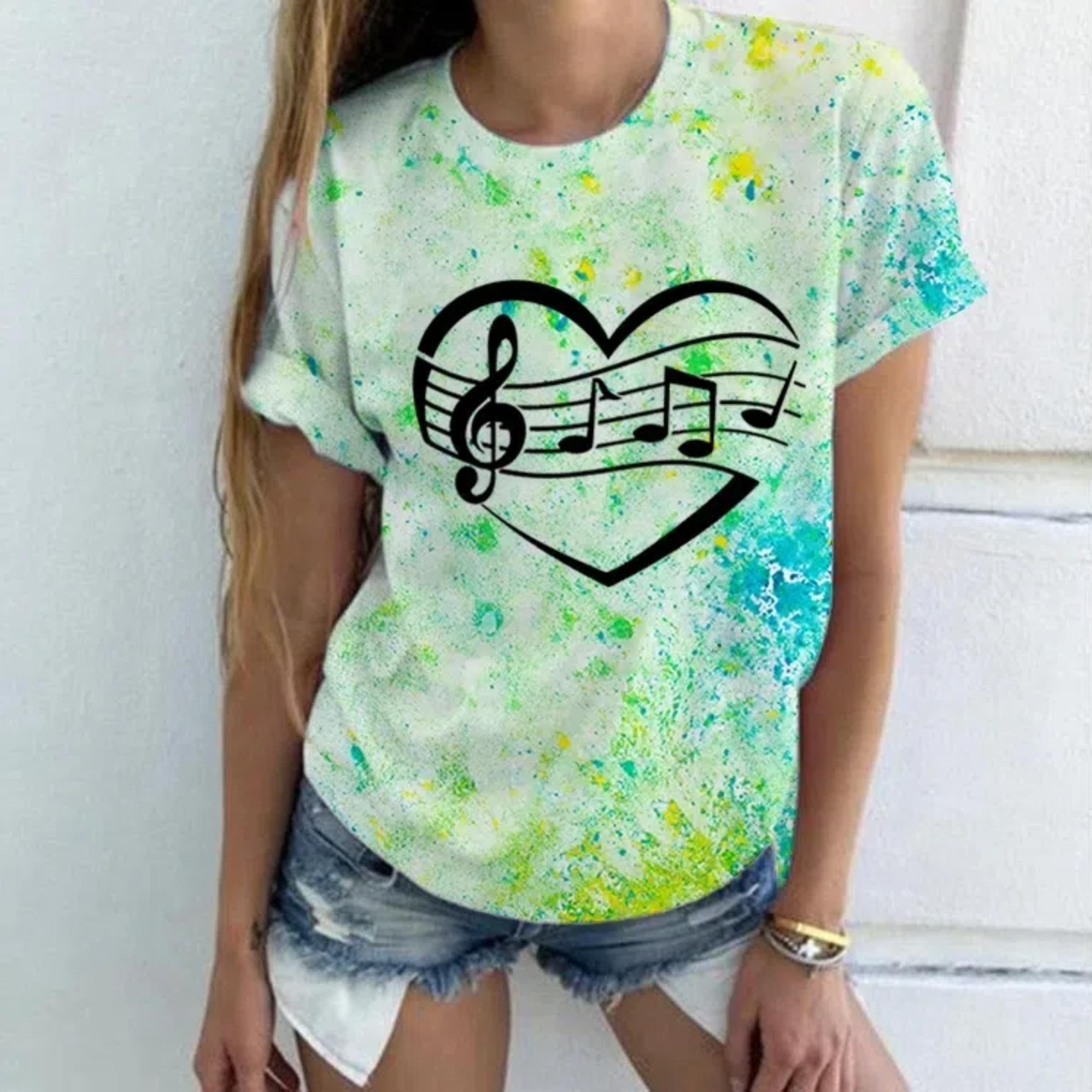 

Summer Women Fashion 3D Print T-shirt Musical Note Pattern Colorful Tops Tees Female Short Sleeve Clothing Casual Stylish Outfit XS