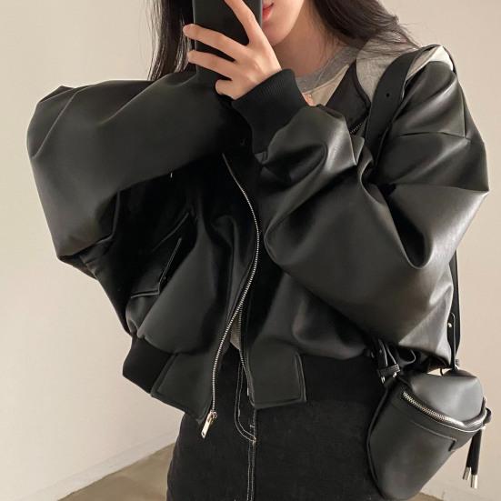 Damen Jacke Fake Zweiteilig Kunstleder Kapuze Reißverschluss Oberbekleidung Retro Kordelzug Lose Elastische Bündchen Streetwear Mantel