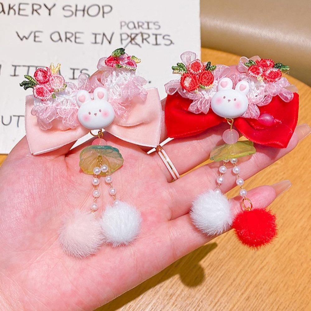 Bowknot Plush Fringe Hairpin Rabbit Chinese Style Barrettes Children's New Year Hair Clip  Festival