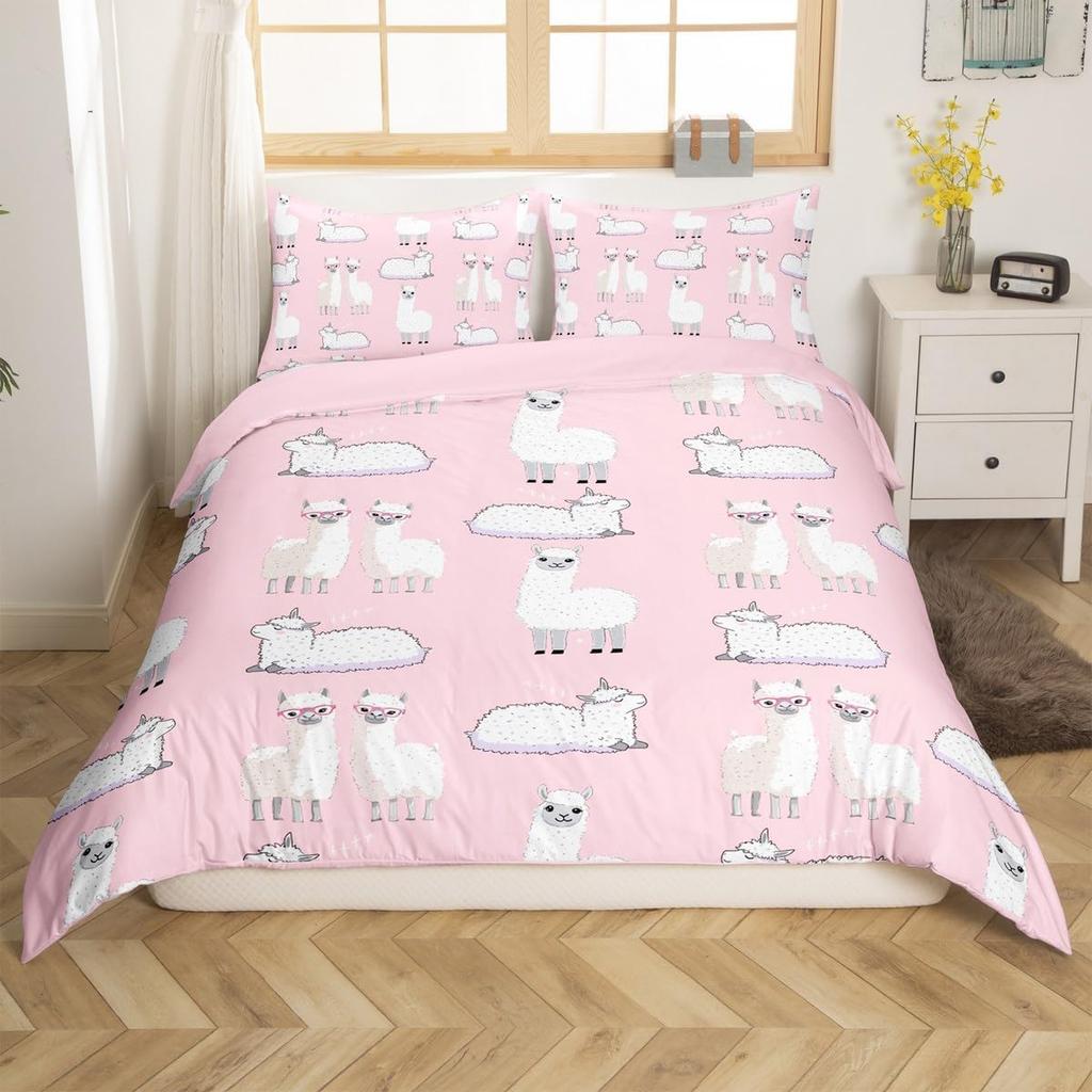 Alpacka Påslakan Queen King Size Tecknad Alpacka Sängkläder Set Lämpligt för Barn Tonårsflickor Sött Djurtryck Täckeöverdrag 3 Delar