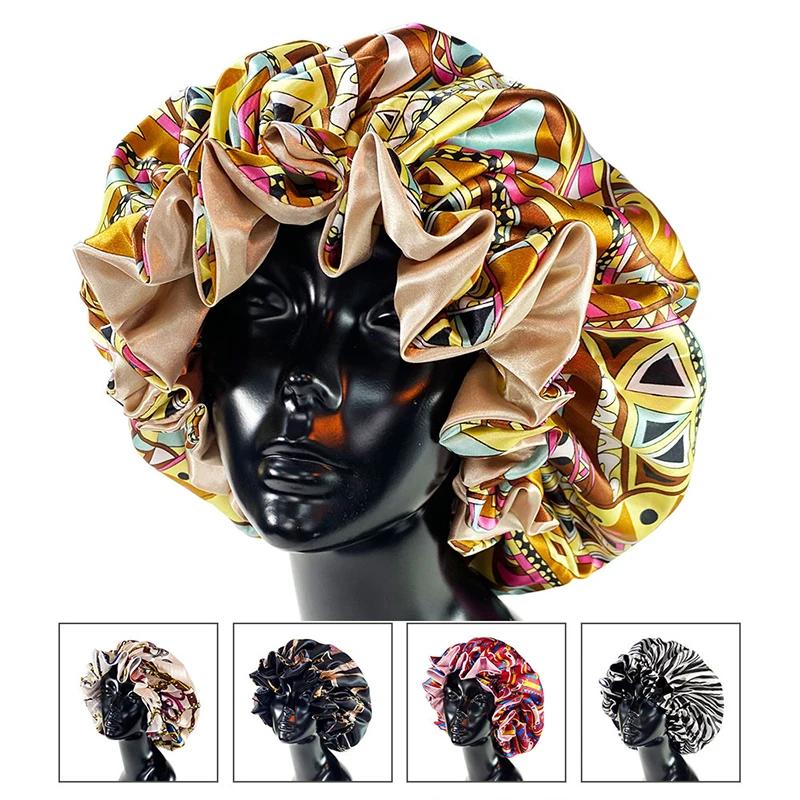 Newly Women Satin Solid Bonnet Cap Fashion Double Layer Silky Bonnet For Lady African Printing Sleep Hat Hair Care Head Wrap