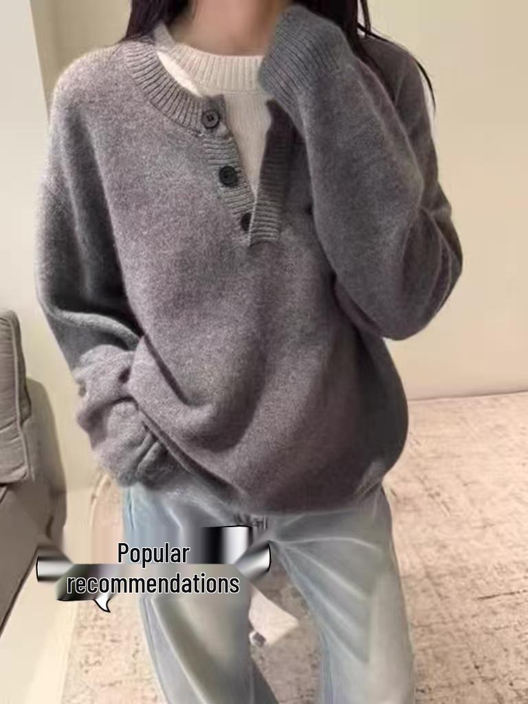 Women's 100% Wool Autumn/Winter Sweater - Two-Piece Look, Half-Open Collar, Loose Fit, Versatile Knitwear for Layering