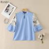 ZANZEA Women Casual Stand Collar Loose Splice 3/4 Sleeve Blouse