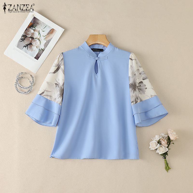 ZANZEA Women Casual Stand Collar Loose Splice 3/4 Sleeve Blouse