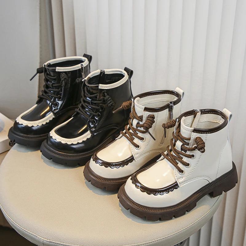 Girls' Britain Style Leather Boots Kids Black Round-toe Thick Sole Retro 2024 Spring and Autumn New Children's Short Boots Chic