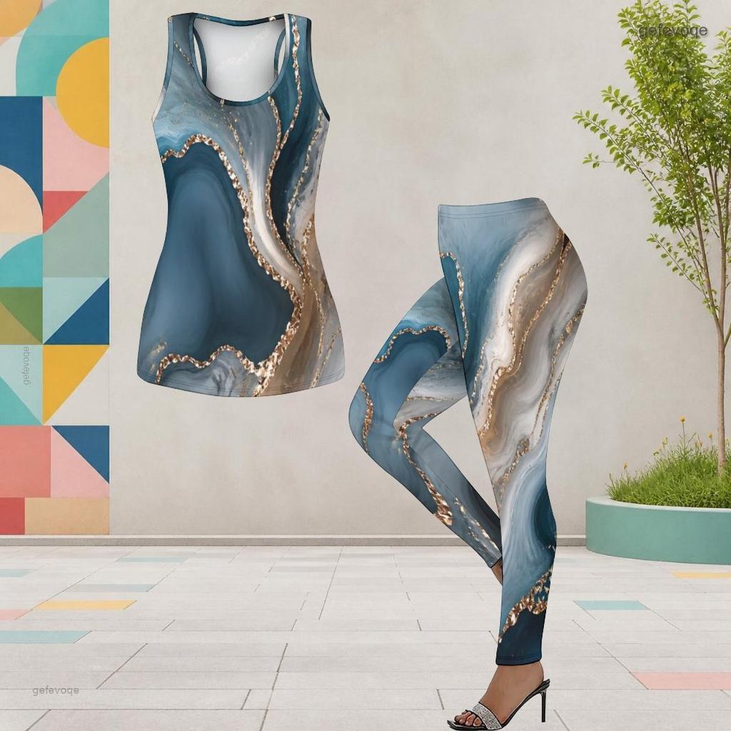 Women Plus Size Two Piece Set Scoop Neck Sleeveless Longline Tank Top Fitted Colorful Printed Pants
