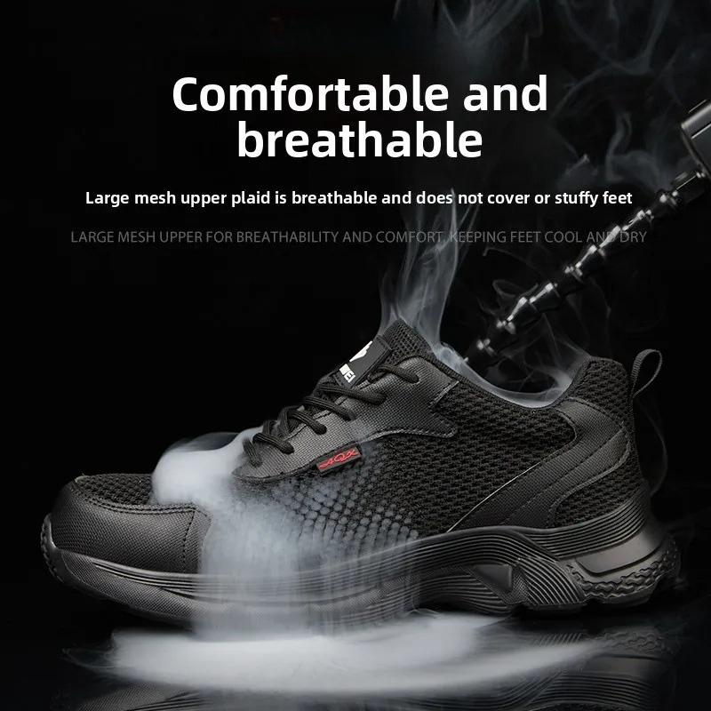 Men's Summer Breathable Mesh Safety Shoes with Plastic Toe Cap Anti Slip Industrial Work Sneakers Black