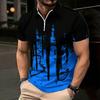 Women Short Sleeve Polo Shirt Blue Gray White Curved Wave Line Abstract Half Zip Lapel Top