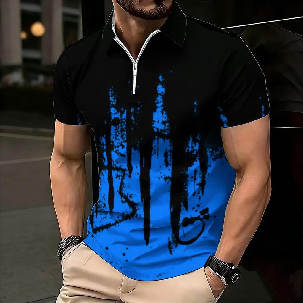 Women Short Sleeve Polo Shirt Blue Gray White Curved Wave Line Abstract Half Zip Lapel Top