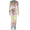 European and American Style Round Neck Tight Long Dress with Printed Long Sleeves and Hip Hugging Skirt