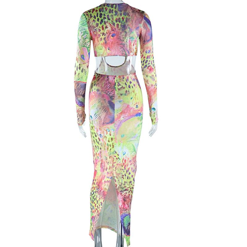 European and American Style Round Neck Tight Long Dress with Printed Long Sleeves and Hip Hugging Skirt