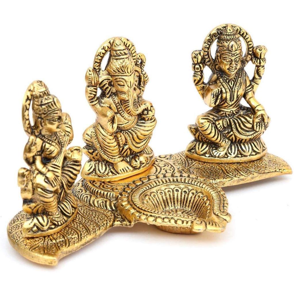 Laxmi Saraswati Idol Action Decorative Platter with Diya and Agarbatti Stand Diwali Gift,Metal,Standard,1 Piece