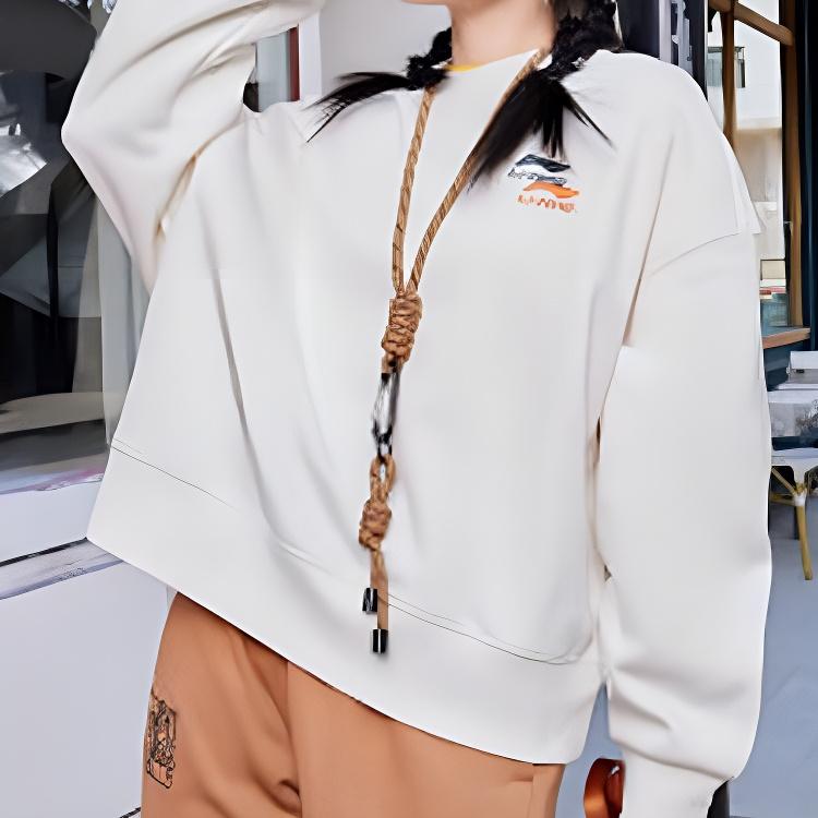 Li Ning Sports Lifestyle Series SS22 Solid Color Logo Embroidered Crew Neck Long Sleeve Sweatshirt Women sweatshirt White AWDSF70-1