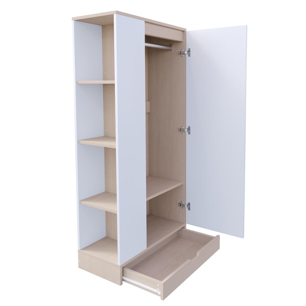 Wardrobe 70*40*170cm, Single-Door Design, with Shelves and Drawers, Natural Wood Color + White (Old SKU: LDB00308AAN)