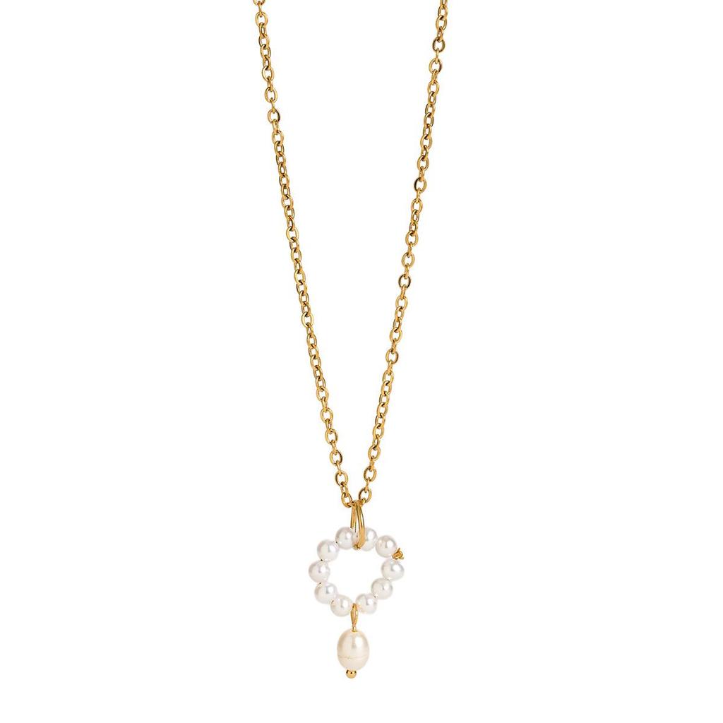 European & American Sweet Floral Wreath Pearl Rice Bead Necklace, French Titanium Steel Layered Women's Clavicle Chain