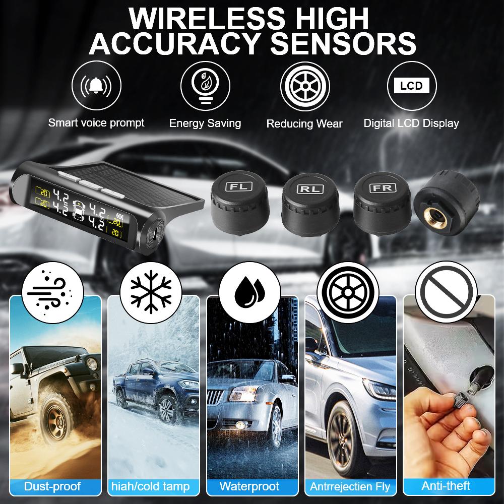 TPMS Tyre Pressure Monitoring System Solar Power LCD Display with 4 Internal/External Sensor  Waterproof Temperature Warning