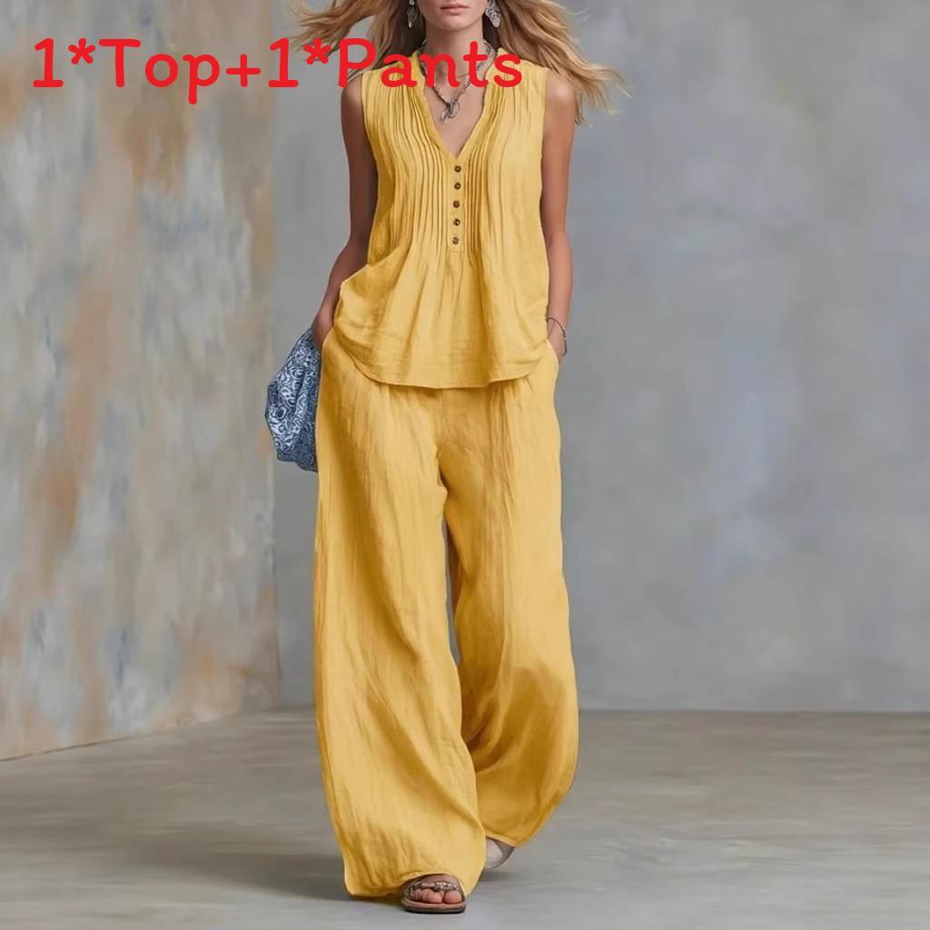 Casual Sleeveless Vneck Pants Set For Women With Polyester Splicing Style For Summer