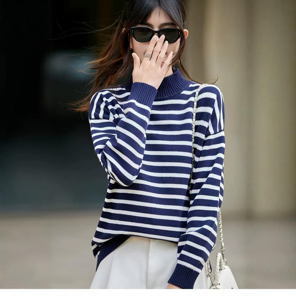 Thick Semi-high-neck Knitted Sweater, Loose Base Layer Shirt, Color-block Stripes, Long Sleeves, Fall/winter Sweater, Women's Top