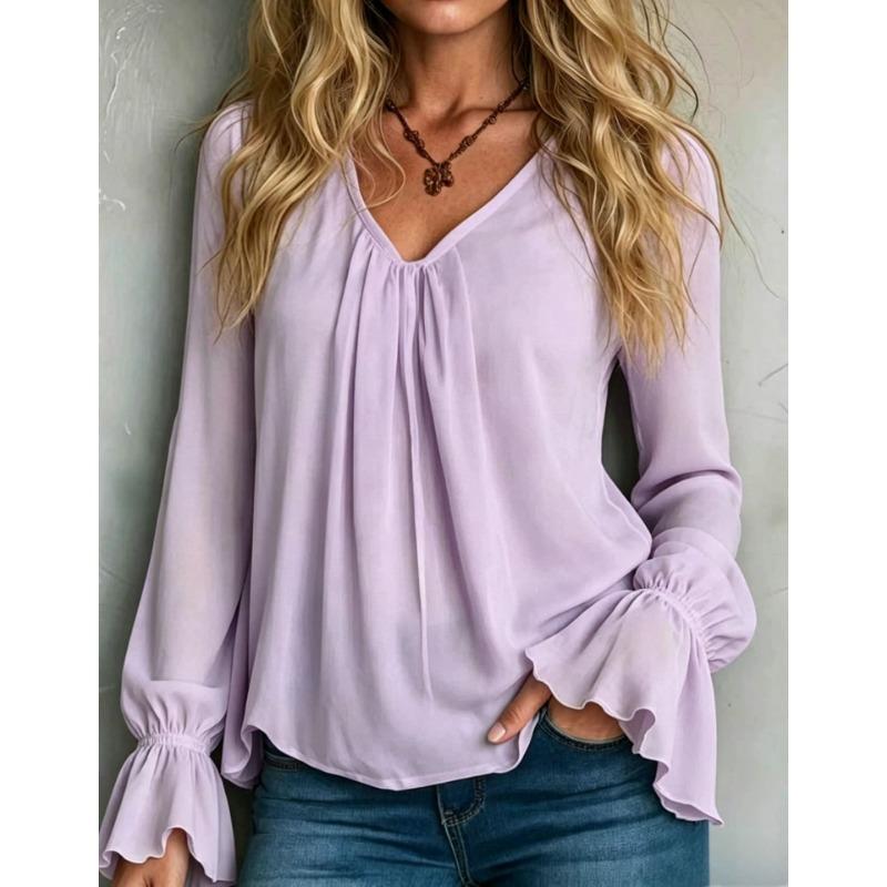 Women S V Neck Loose Fit Solid Color Long Sleeve Shirt