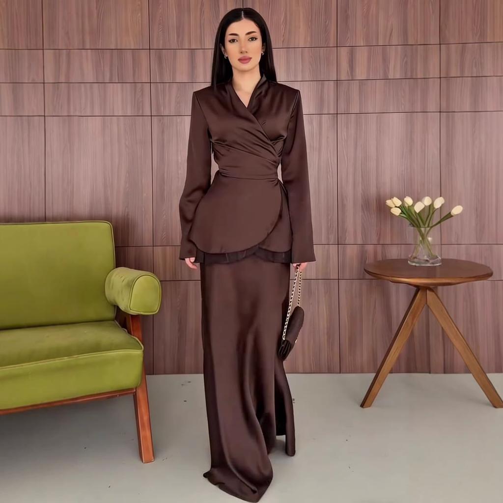autumn new European and American Amazon cross-border V-neck temperament solid color long skirt long coat two-piece set