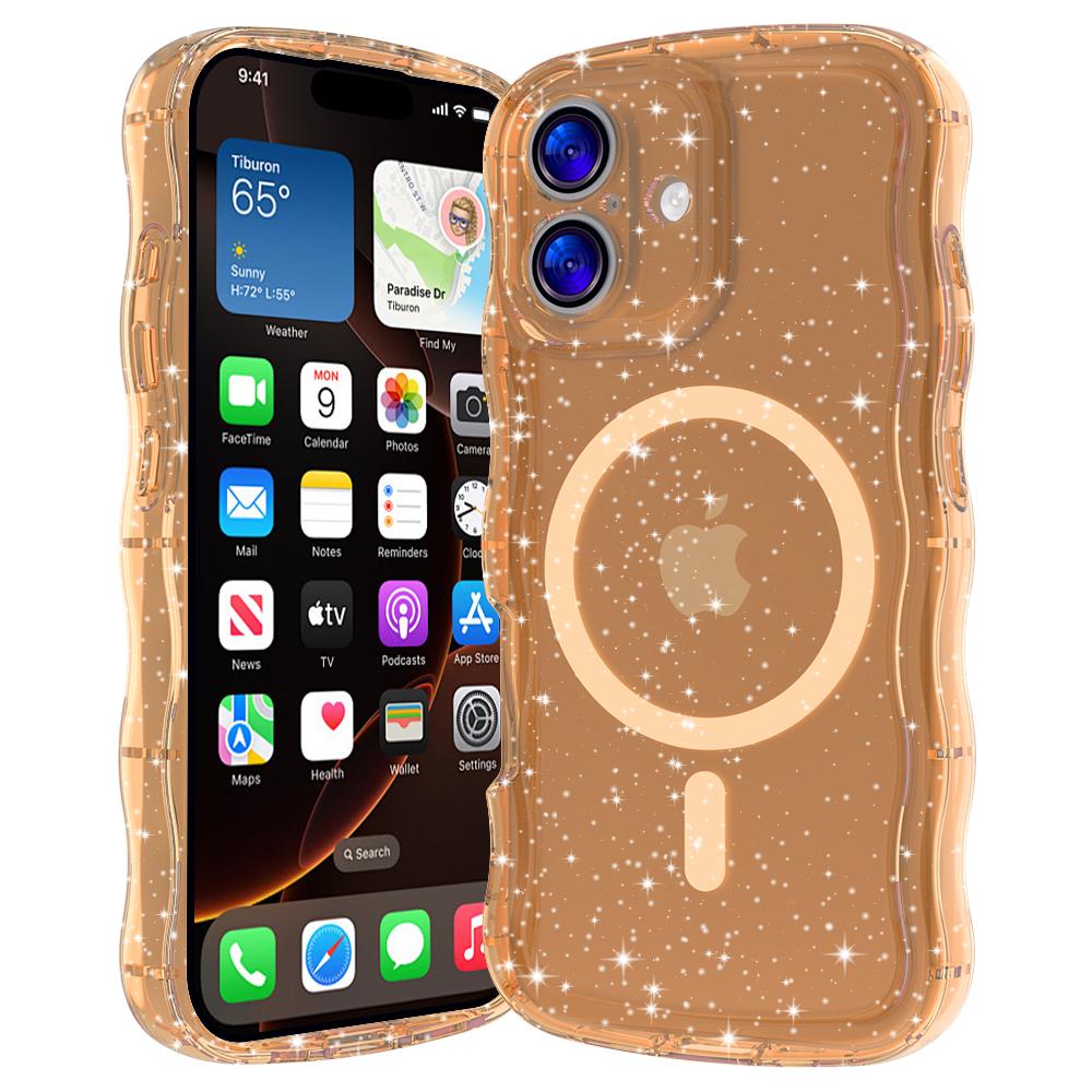 Custodia Magnetica Trasparente con Glitter Bling per iPhone 17 16 15 Pro Max Plus Antiurto Protettiva Morbida Sottile Ondulata per Copri Telefono Magsafe