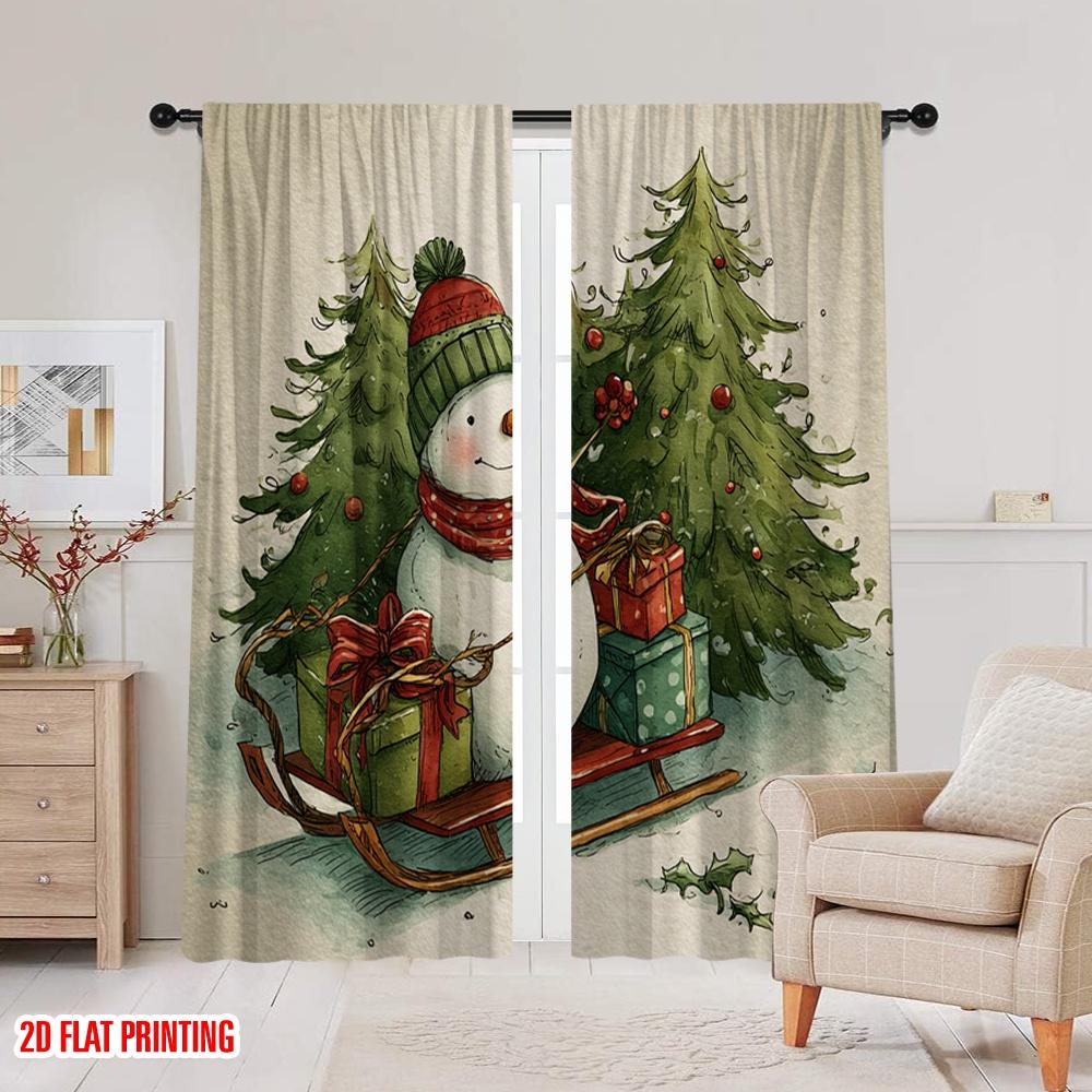2pcs,2D Plane Printing Pattern Curtains Snowman_ Tree & Holly Versatile 100% Polyester (without Rod) Versatile All Perfect for