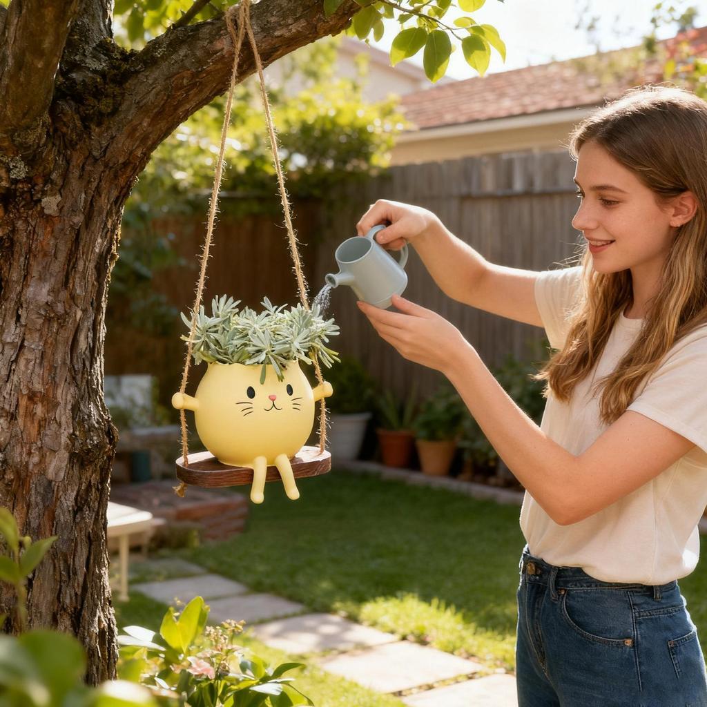 Swing Planter Cute Cat Rocking Chair Resin Flowerpots Adorable Plant Containers For Window Sill Outdoor Balcony Living Room