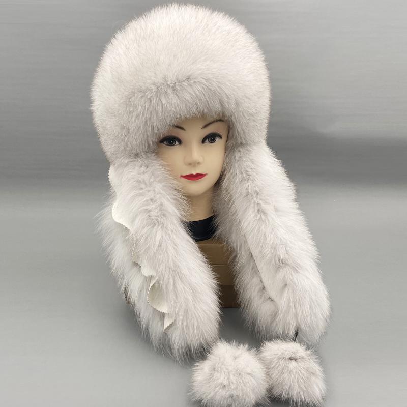 

Зимние бомберы из лисьего меха Женские роскошные холодные шапки Толстые теплые шапки-ушанки Трапперы Шапки-мячи Монгольские шапки Шапки из натурального меха adjustable 55-60cm слоновая кость