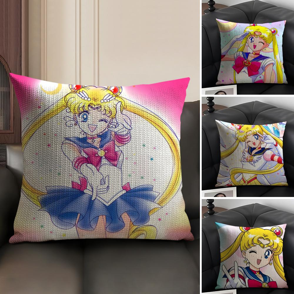 SSailor MoonN Anime Cushion Cover Natural Linen Organic Fabric DoubleSided Printing Sofa Home Decor Gift Pillow Case