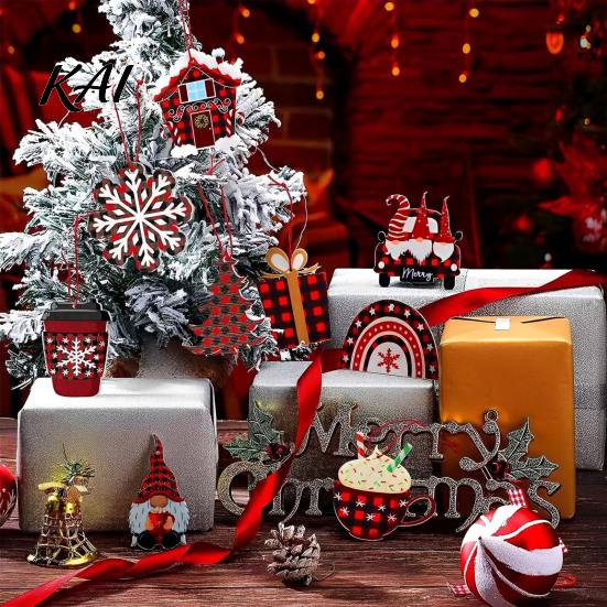 Xmas Tree Hanging Pendants 12Pcs Wooden Christmas Ornaments, Buffalo Plaid Decor with Gnome Door Window Accents Snowflake Tree, Holiday Decoration for