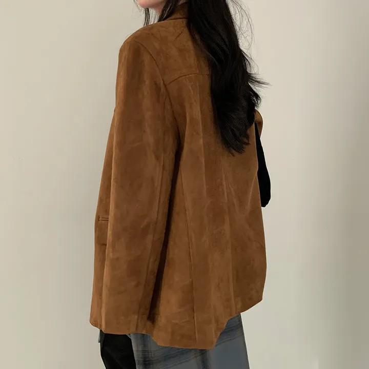 Vintage Korean Style Autumn Blazer Women Loose Fit Long Sleeve Coat with Double Pockets Elegant Office Wear