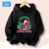 Festive kids hoodie with cool biker Santa and pine tree graphic, cozy breathable material, perfect for family gatherings and seasonal trips.
