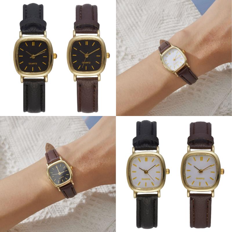 Square Minimalist Quartz Watch Women Petite Wrist Retro Synthetic Leather Strap