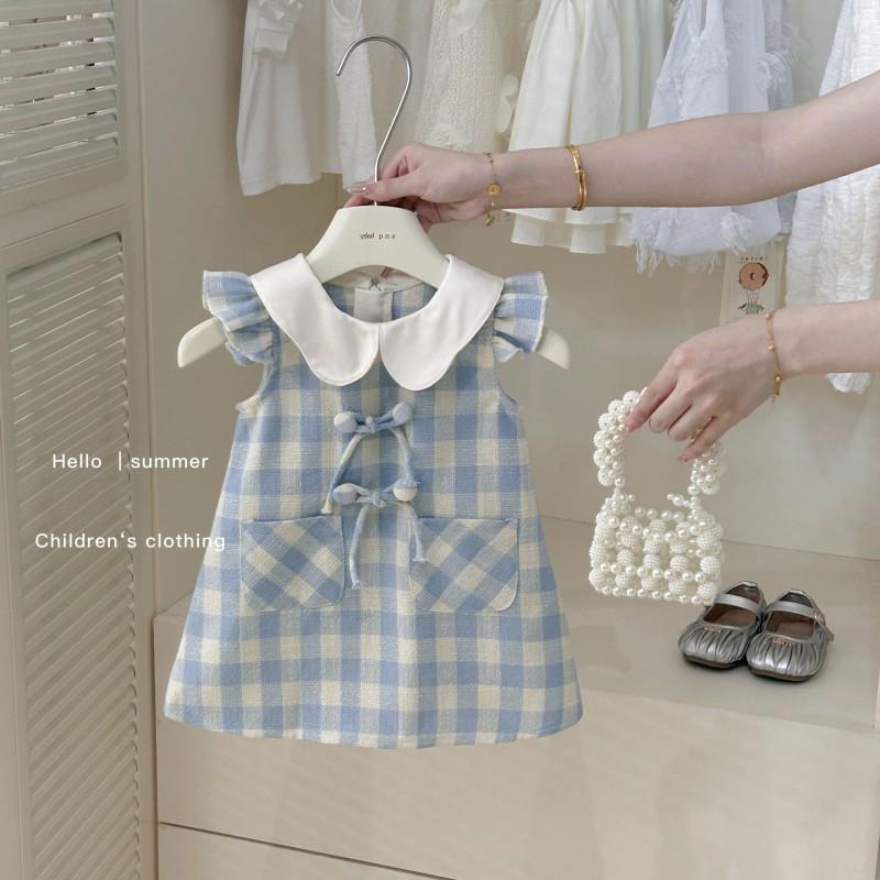 Girls Blue Plaid Dress Princess Style Cotton Toddler Girl Party Dresses