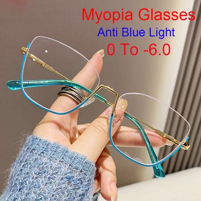 Myopia Glasses Women Ultralight Metal Half Frame Prescription Cat Eye Anti Blue Light Computer Glasses 0 To -6 0