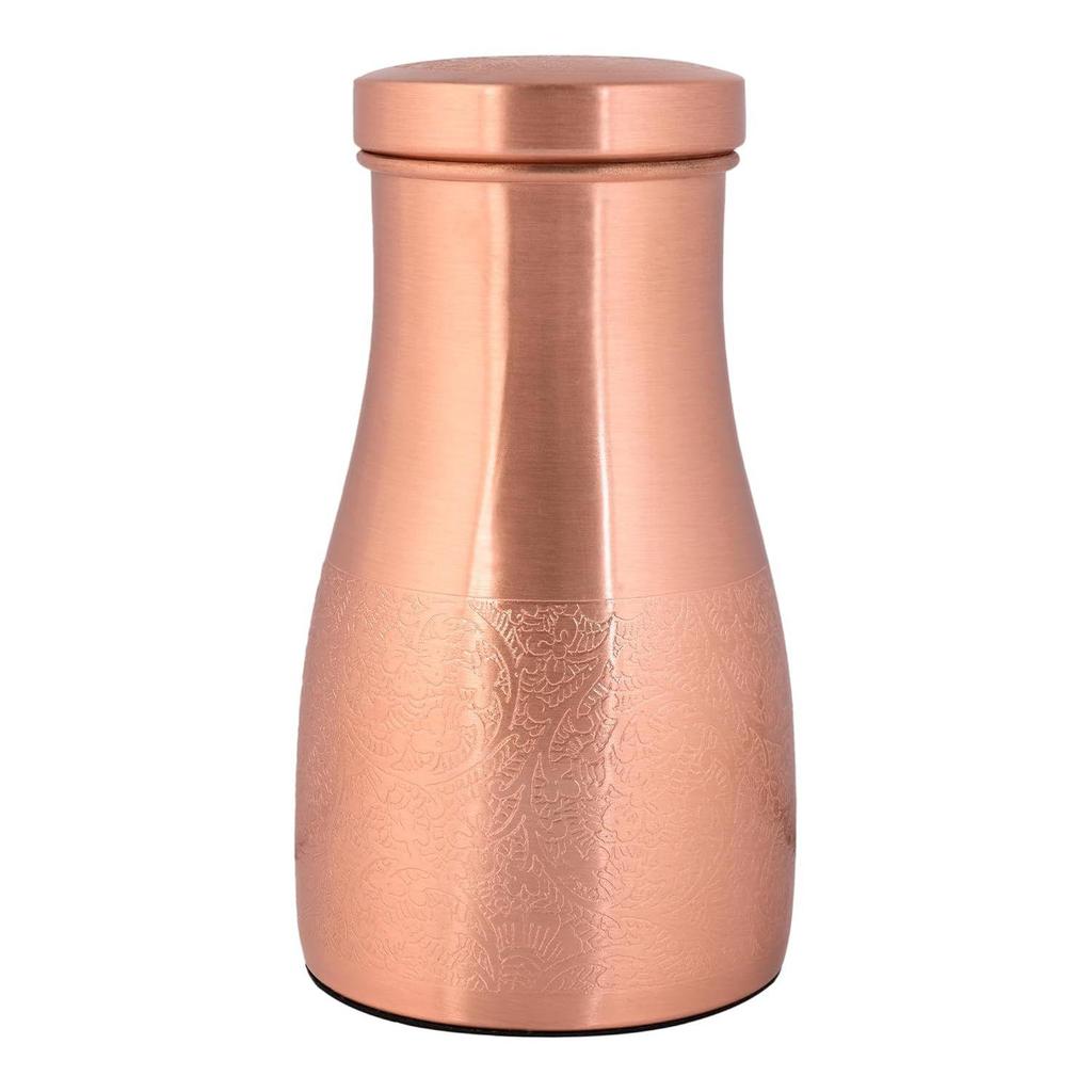 Copper Bedroom Jar with Inbuilt Glass | Carving Design | Handcrafted, Leakproof, Jointless | Ayurvedic Benefits, Antioxidant Properties | 1200 Ml