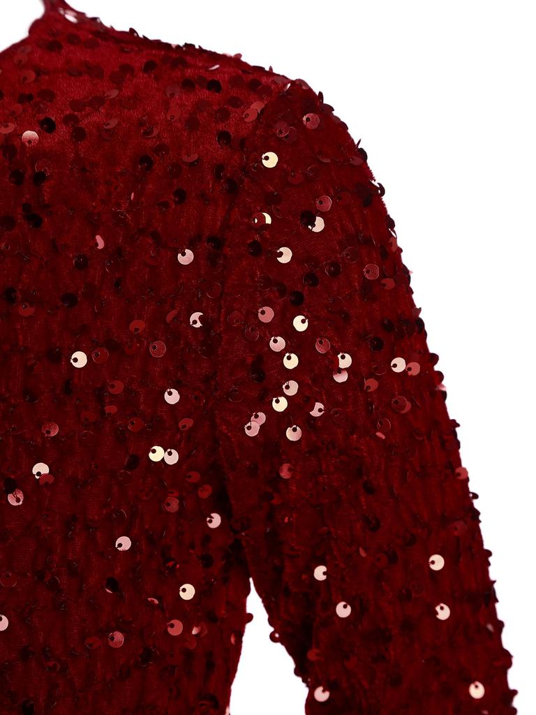 Belted Christmas Dress for Girls Knee Length Pleated Gown Glittery Sequin Round Collar Long Sleeve