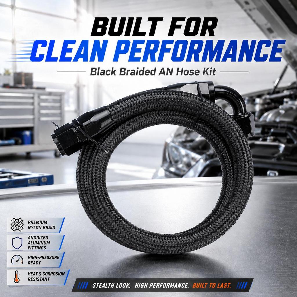 1m 10 AN Black Nylon Braided Oil/Gas Hose Kit with Detachable Fittings