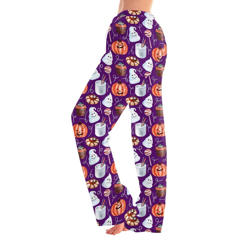 Women's Halloween Print Pants with Elastic Waist and Drawstring for Casual Home Sleepwear