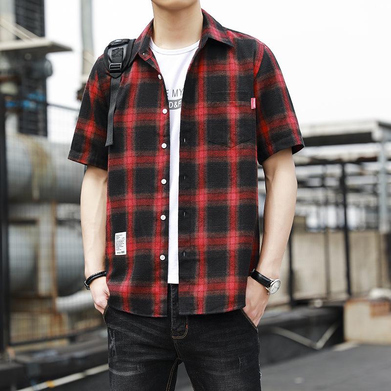 Summer Port Style Loose Lapel Men's Checkered Short-sleeved Shirt Fashion Brand Youth Casual Shirt Men's Cardigan Trend
