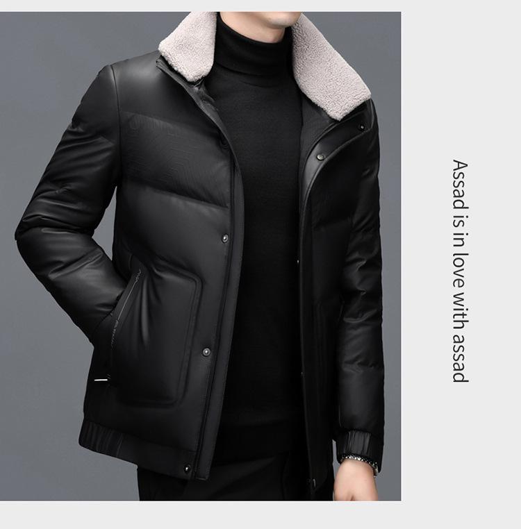 Men's Thickened Genuine Leather Down Jacket - Plus Size, Middle-Aged & Elderly, Winter Turn-Down Collar Outerwear, Loose Fit