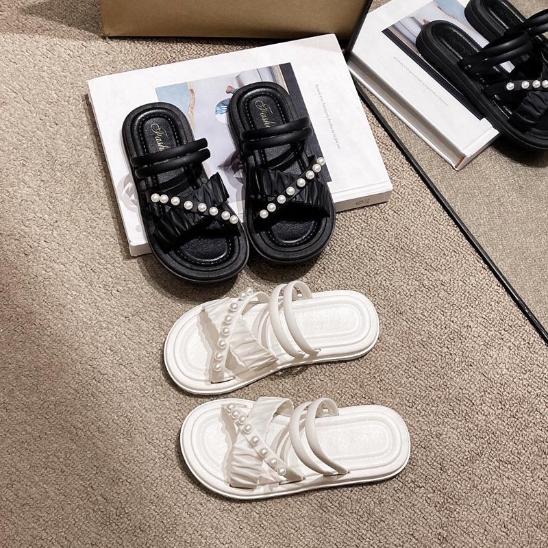 Trendiga Prinsesspärlrosett-sandaler för flickor med mjuk platt sula för barn