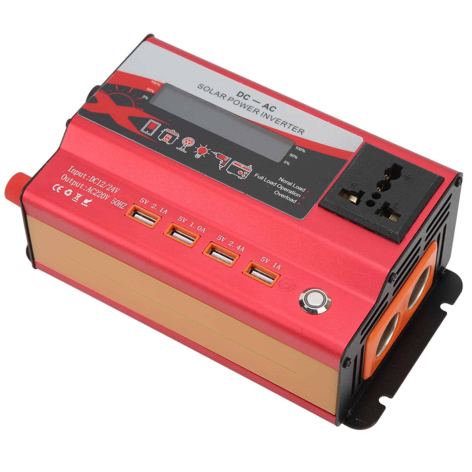 

Красный автомобильный преобразователь мощности DC 12V 24V в AC 220V 50Hz 420W номинальная мощность ЖК-экран с 1 розеткой переменного тока окружающая подсветка