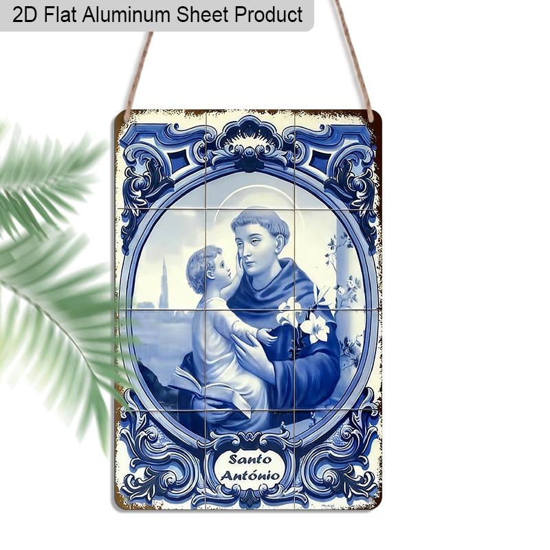 

2D Flat, 1pc Vintage Portuguese Azulejo Style Aluminium Wall Art Sign Santo António - 8 x12 Aluminium Rustic Home Decor, Religious Wall Art 20*30cm