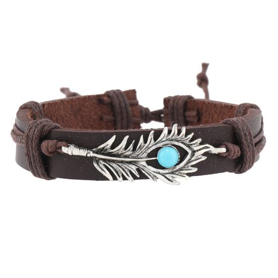 6 Pcs Braided Bracelet Set Different Shapes Wooden Bead Decor Peacock Feather Pendant Retro Ethnic Style